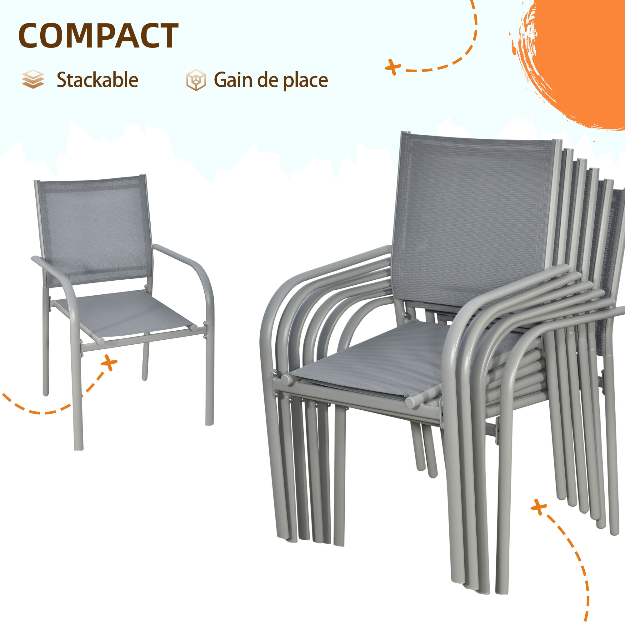 Ensemble de jardin 6 personnes chaises empilables table à manger dim. 150L x 90l x 72H cm plateau verre acier époxy textilène gris