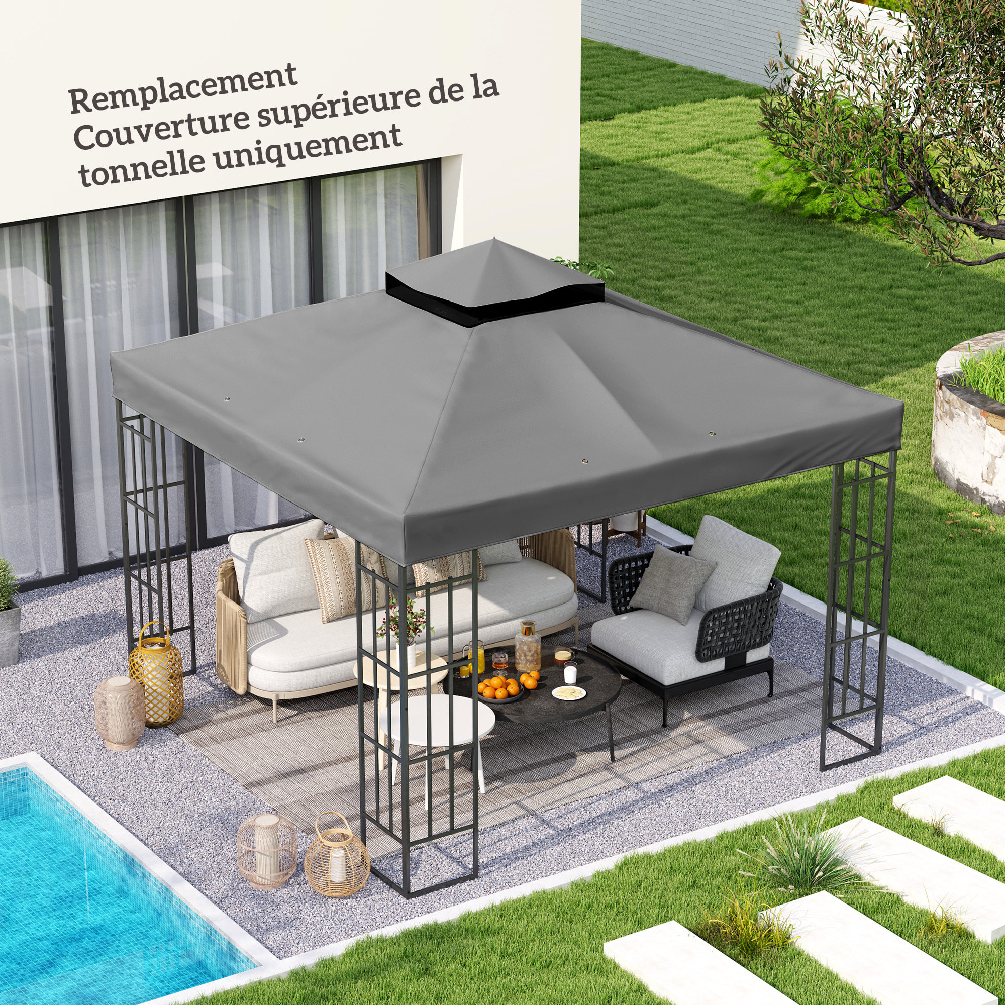 Toile de rechange barnum tonnelle 3 x 3 m - toit double avec œillets drainage - polyester haute densité 370 g/m² gris