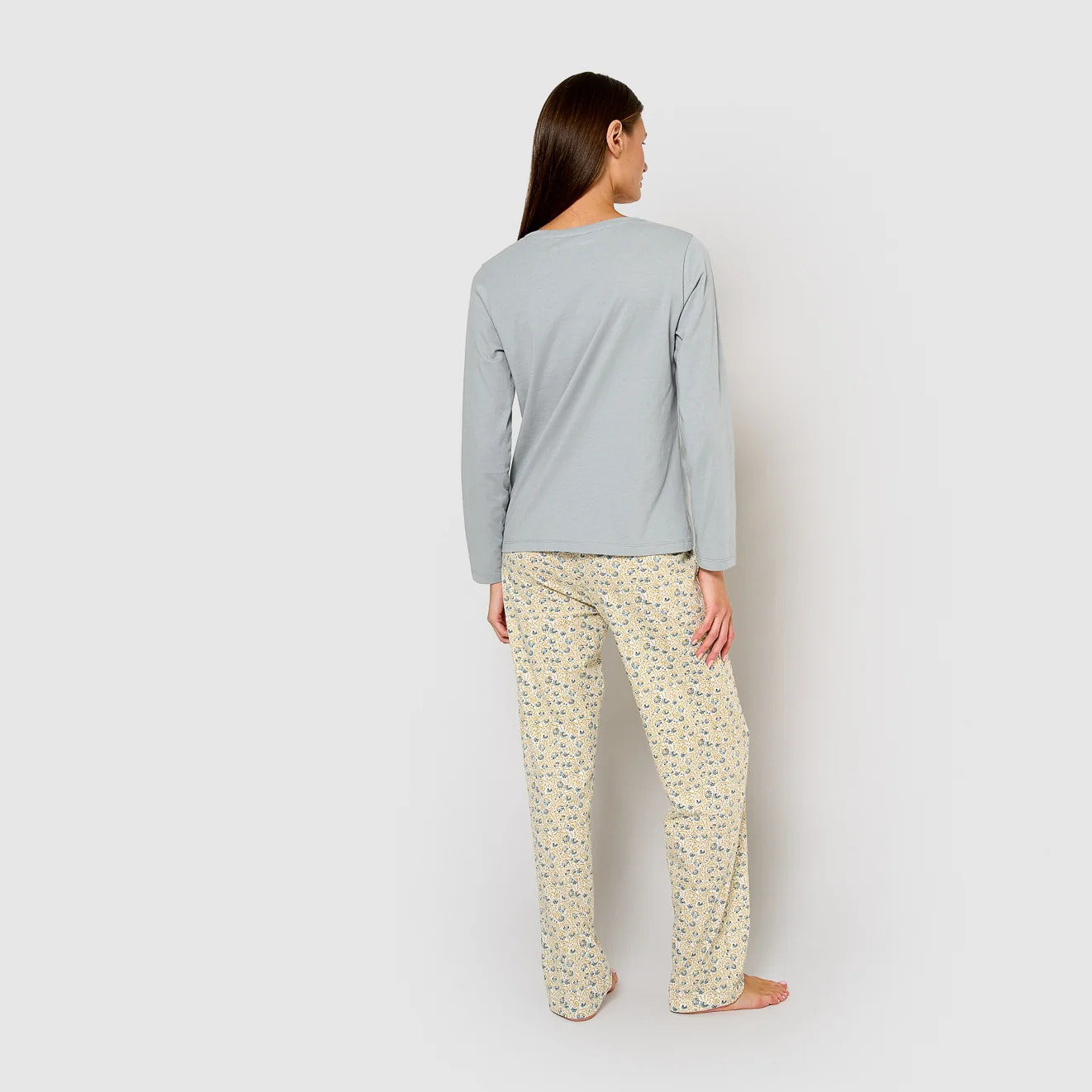 Pigiama lungo in cotone con scollo a v, domana azzurro