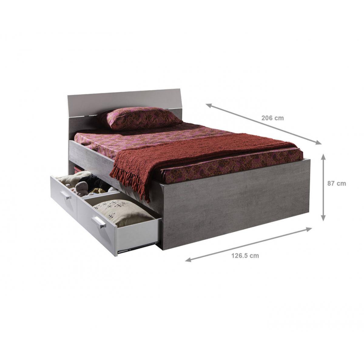 Letto piazza e mezza 2 vani 2 cassetti in laminato cemento bianco laccato, 126,5 x 206 x h87