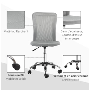 Vinsetto Chaise de bureau ergonomique hauteur réglable piètement chromé pivotant 360° revêtement maille gris