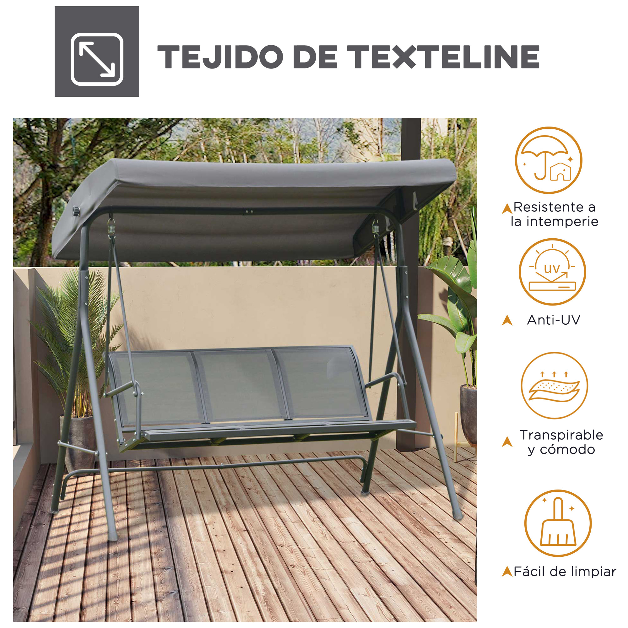 Columpio Balancín de Jardín de 3 Plazas con Techo Ajustable 175x118x159 cm Gris