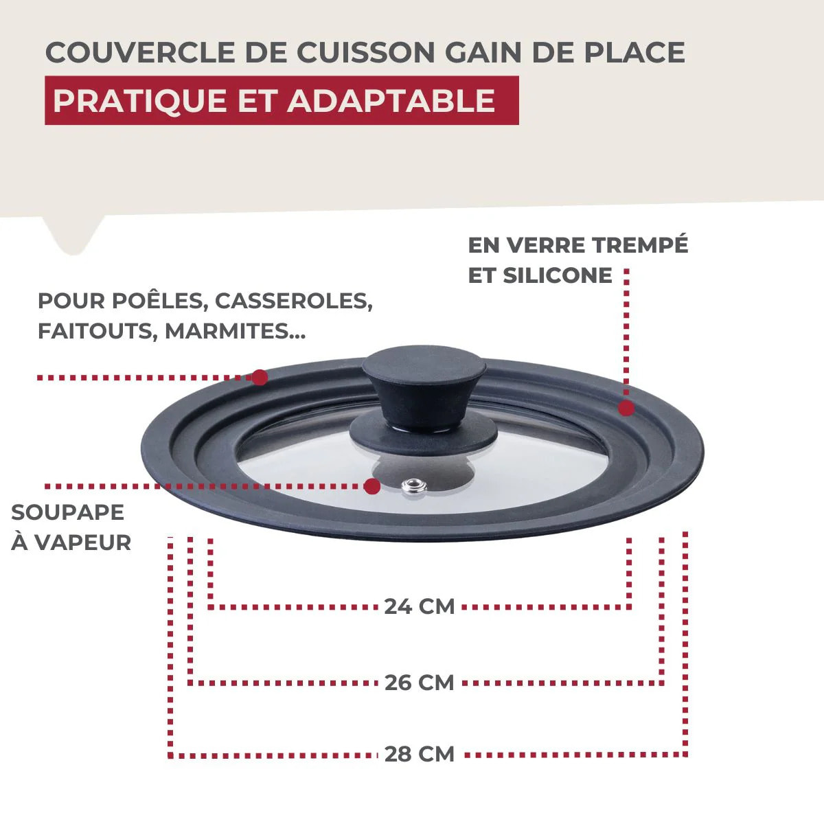 Couvercle de cuisson adaptable de 24 à 28 cm en verre et silicone Fackelmann