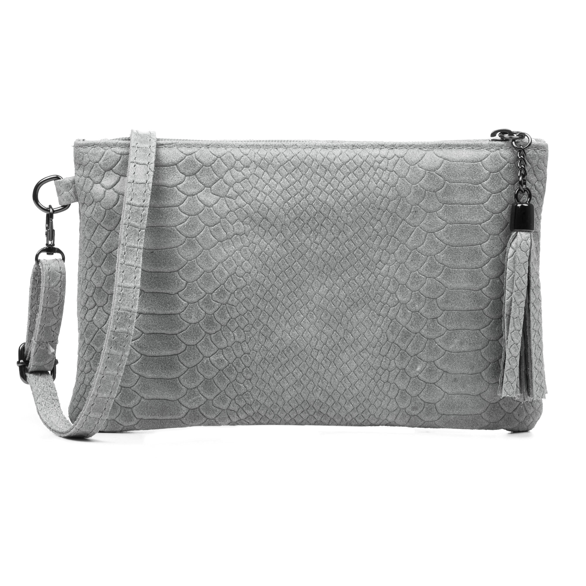FIRENZE ARTEGIANI Borsa a Spalla da Donna Oleggio. Vera Pelle Scamosciata Incisione Serpente Made in Italy 23x4x15 Cm. Grigio