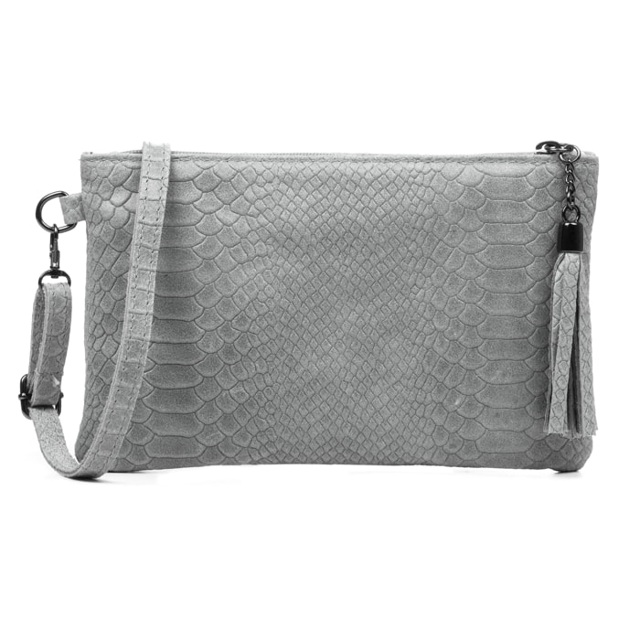 FIRENZE ARTEGIANI Borsa a Spalla da Donna Oleggio. Vera Pelle Scamosciata Incisione Serpente Made in Italy 23x4x15 Cm. Grigio