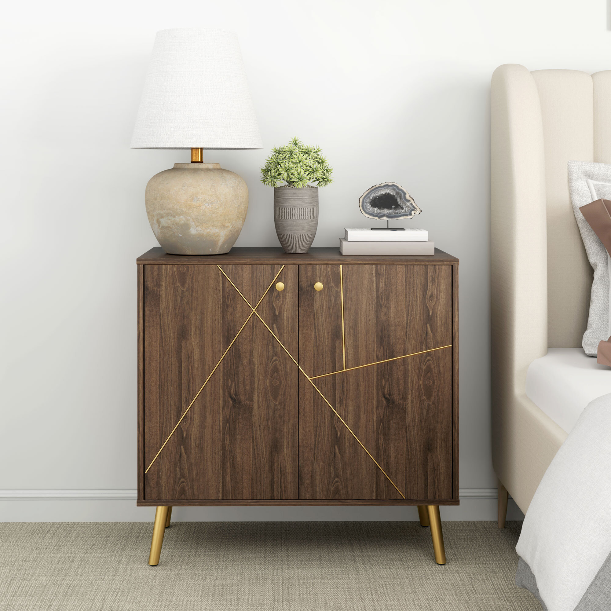 Buffet design - 2 portes, étagère - dim. 80 x 37 x 77 cm - doré effet bois