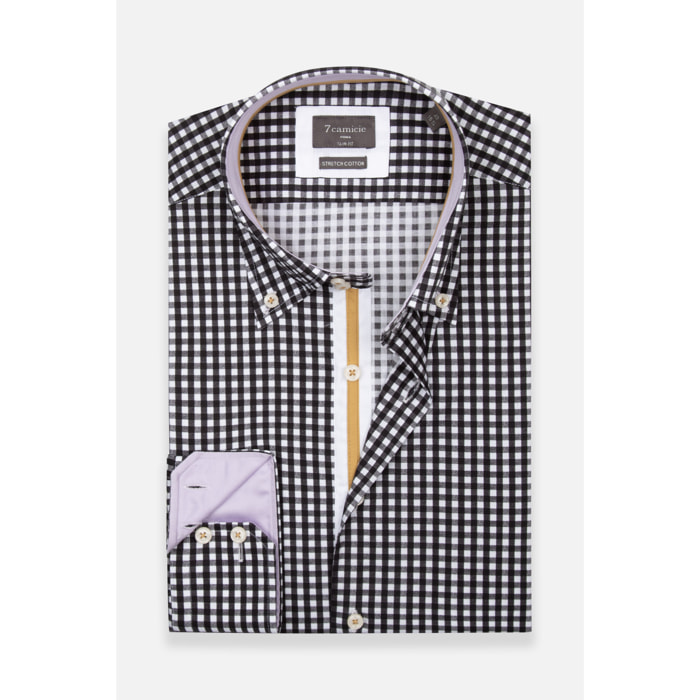 Camicia Uomo 2 Bottoni Button Down Slim Popeline Stretch Nero/Bianco