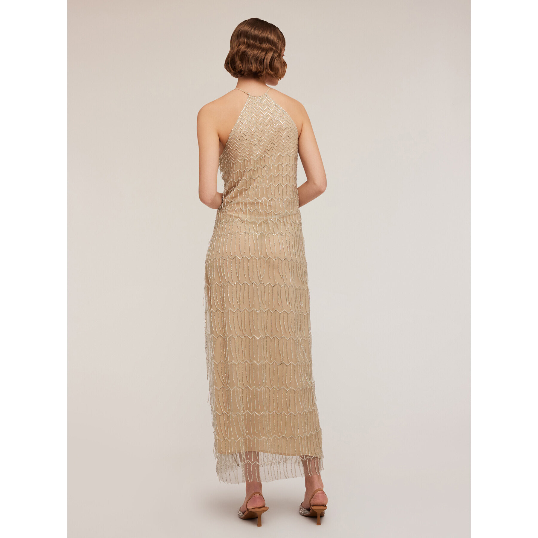 Motivi - Vestido bordado con flecos - Beige