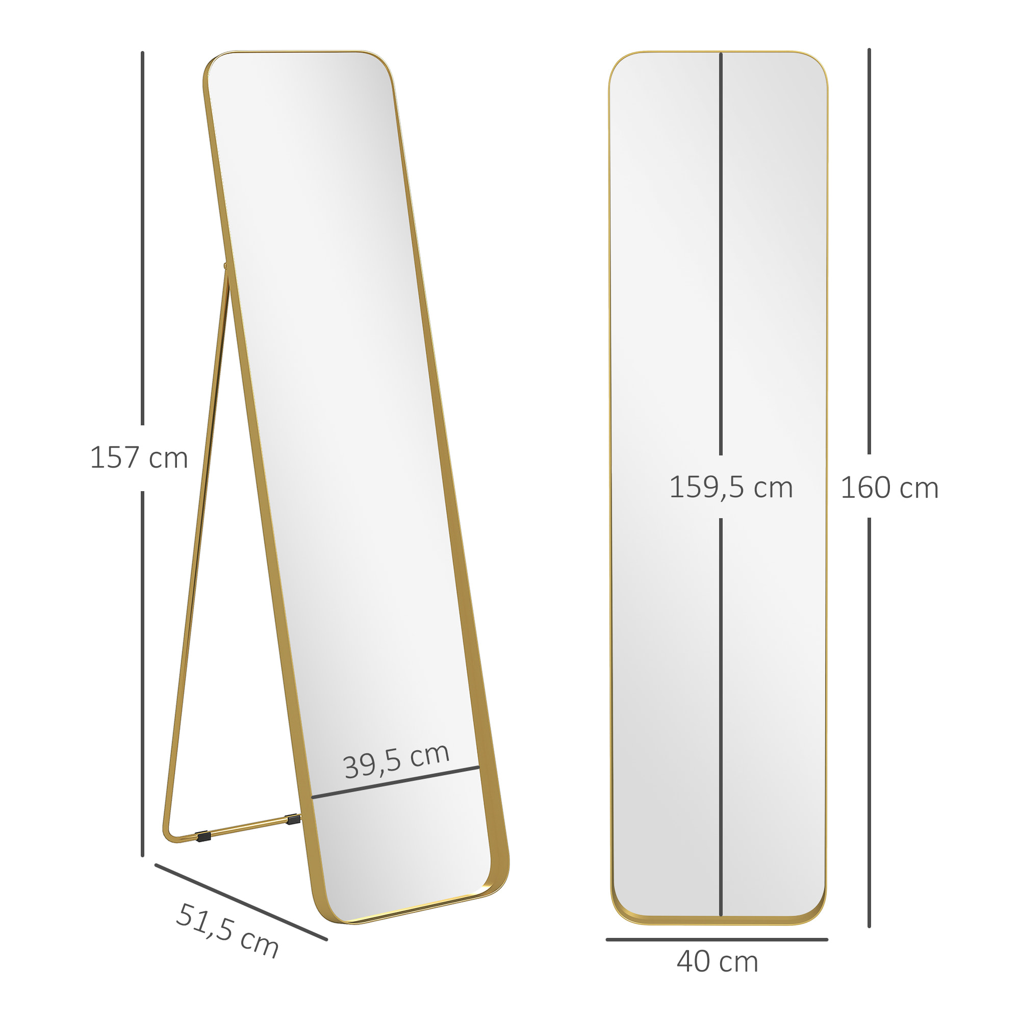 Miroir sur pied design métal doré dim. 40 x 160 cm autoportant ou à adosser