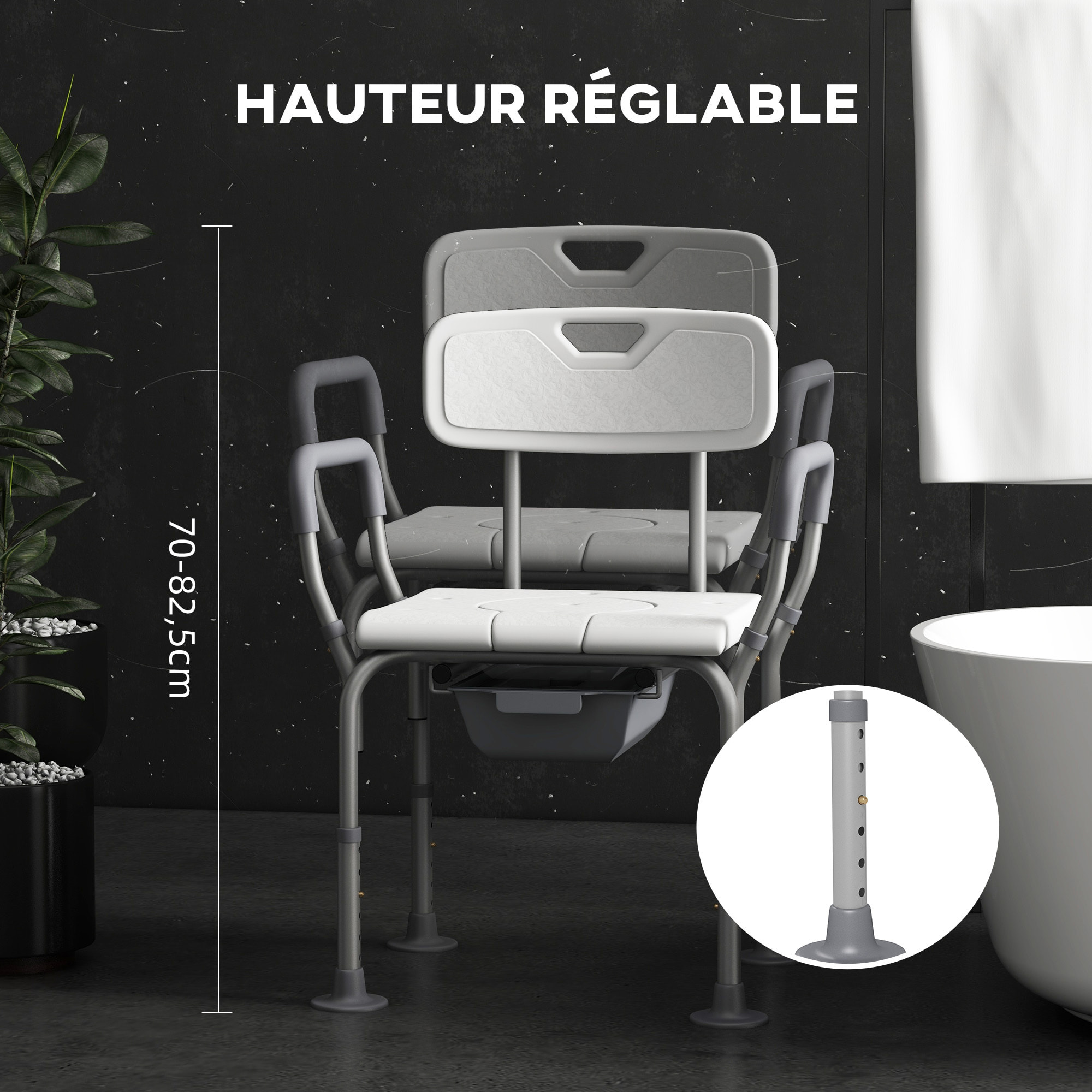 Chaise de douche chaise percée 2 en 1 - hauteur réglable, antidépante - seau de toilette, accoudoirs - alu HDPE blanc