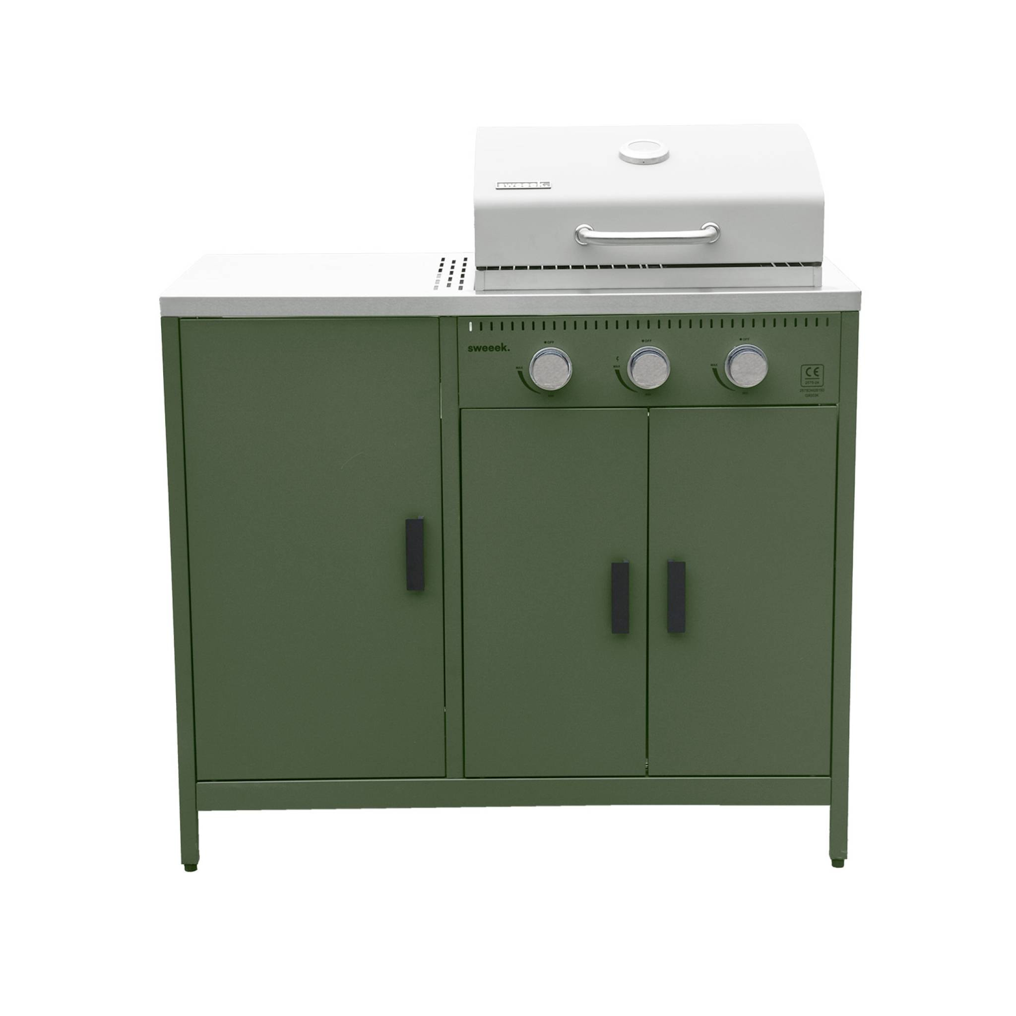 Barbecue gaz 3 brûleurs. vert. 3 portes et 2 espaces de rangement