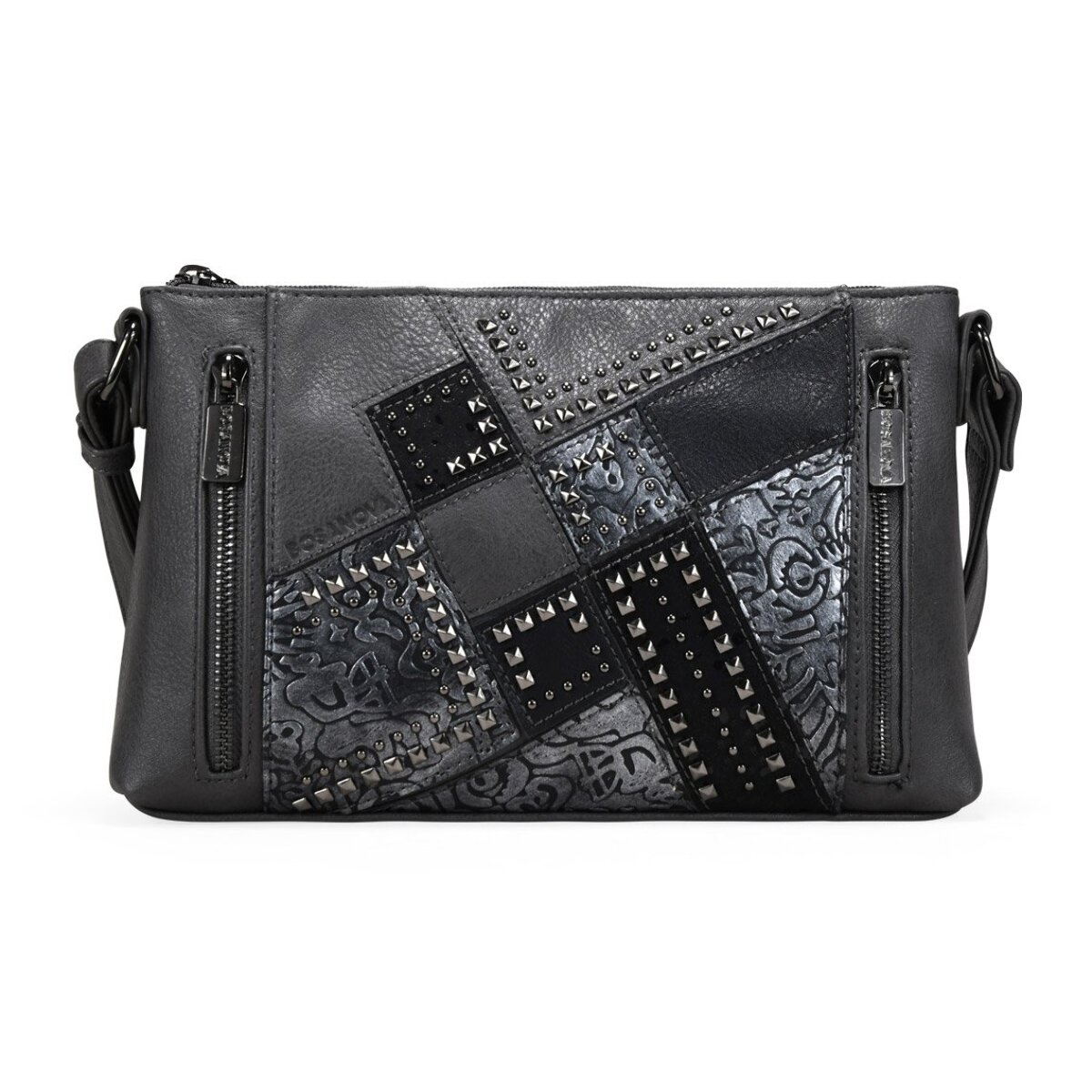 Bolso bandolera gris con cremalleras y tachas