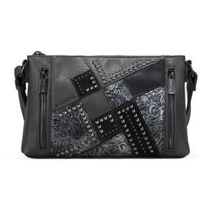 Bolso bandolera gris con cremalleras y tachas