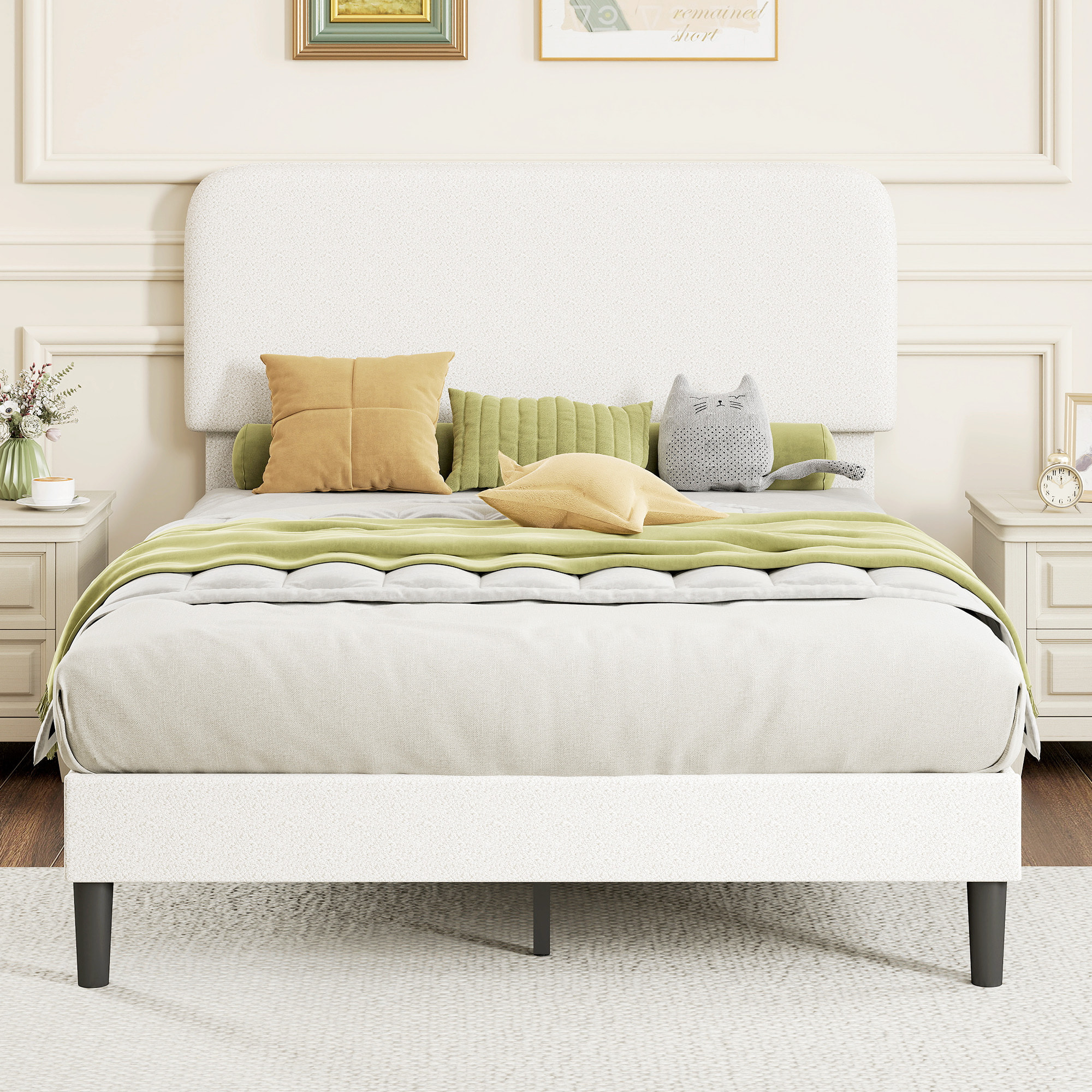 Cama Tapizada en Borreguito, 135x190 cm, Cama Matrimonio con Cabecero Ajustable en Altura, Listones de Madera, Blanco