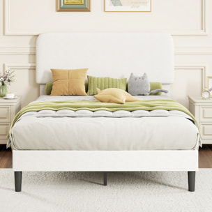 Cama Tapizada en Borreguito, 135x190 cm, Cama Matrimonio con Cabecero Ajustable en Altura, Listones de Madera, Blanco