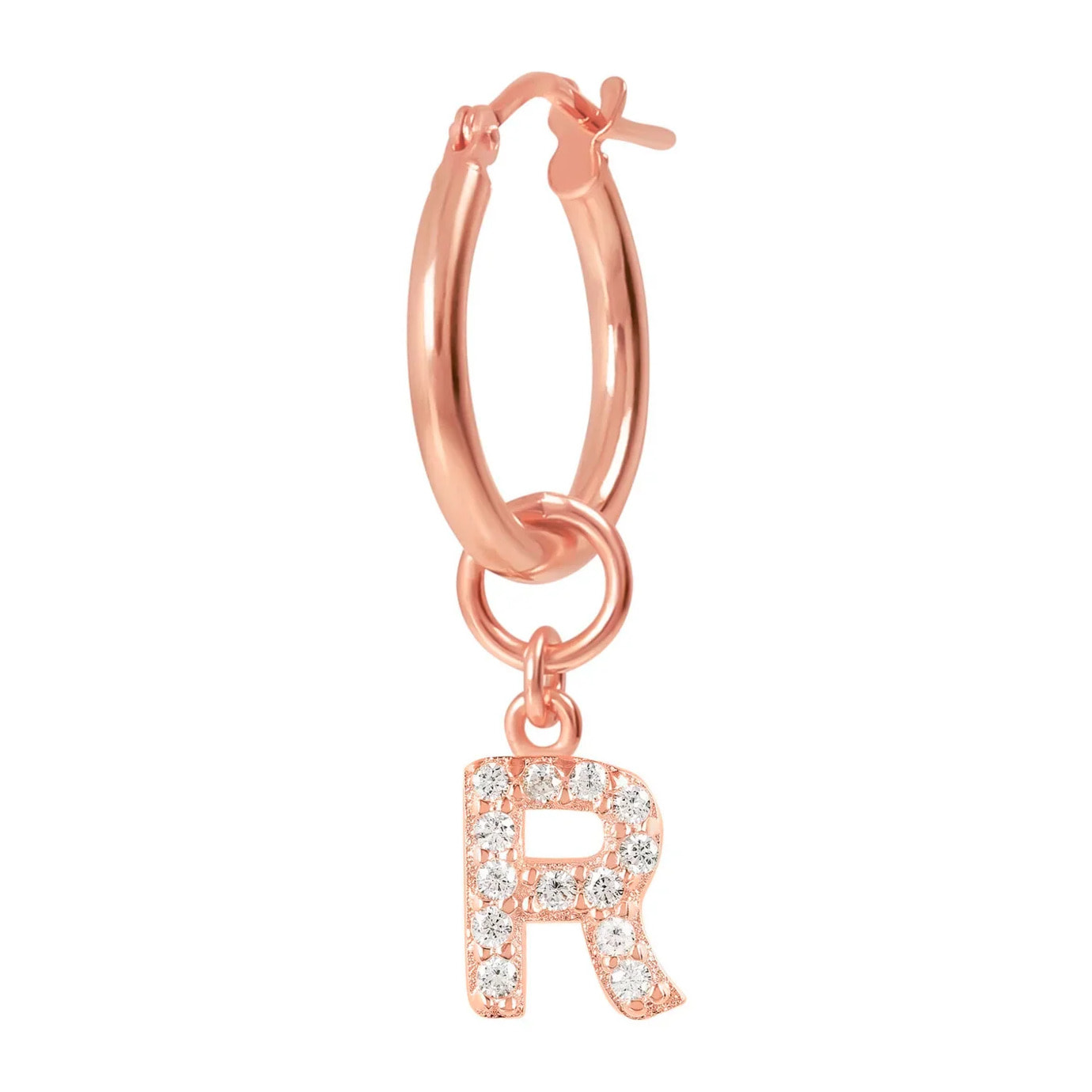 Orecchino a Cerchio con Ciondolo Lettera R in Pavé di Cubic Zirconia Rosa
