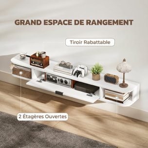 Meuble TV suspendu 140cm - porte, 2 niches, espace routeur, passe-fils - effet bois blanc