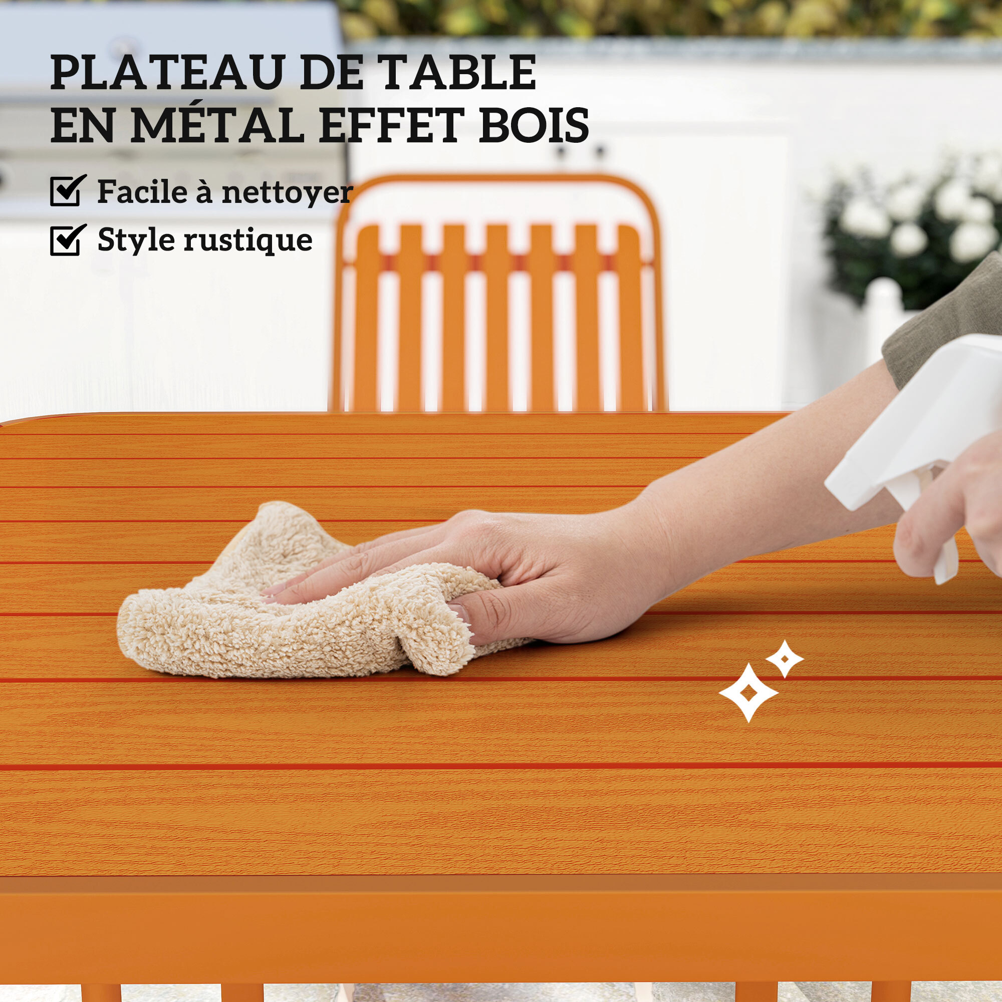 Salon de jardin extérieur 4 places 5 pièces - chaises empilables - plateau effet bois acier orange