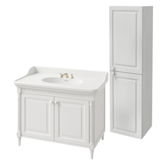 Pack meuble vasque 3 trous Cléo 1889 blanc velours + colonne droite + mélangeur poignés or