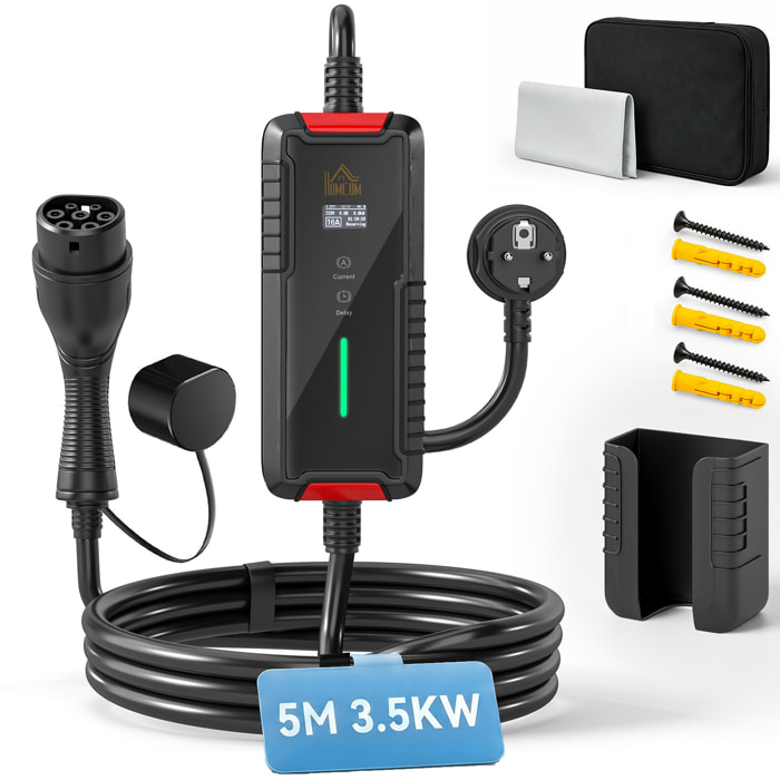 HOMCOM Cargador Coche Eléctrico 3,7kW, 5m, 6-16A, Cargador EV Tipo 2 con Enchufe Schuko, Pantalla LCD, IP65, Temporizador 1-12h, Fijación de Pared, Bolsa, Paño de Limpieza para EV y PHEV