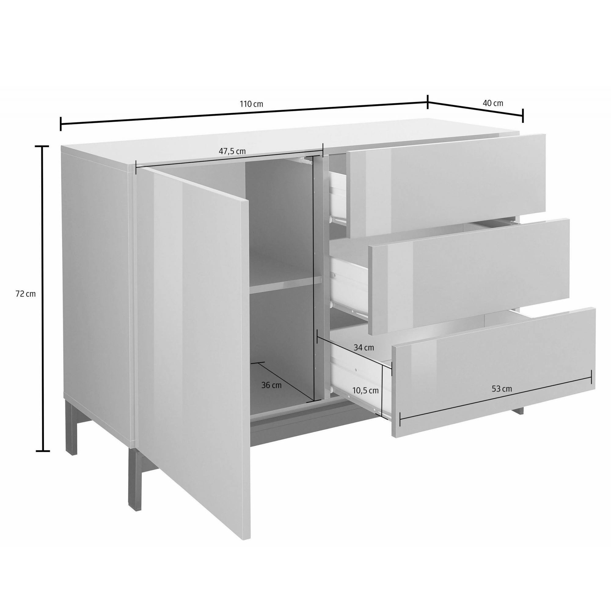 Credenza moderna a 1 anta e 3 cassetti, Made in Italy, Madia da cucina, Buffet di design da soggiorno, con piedini, cm 110x40h47, colore Bianco lucido