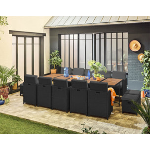 Cuba – salon de jardin encastrable en résine tressé noir - 14 places - coussins gris + housse de protection - Beige