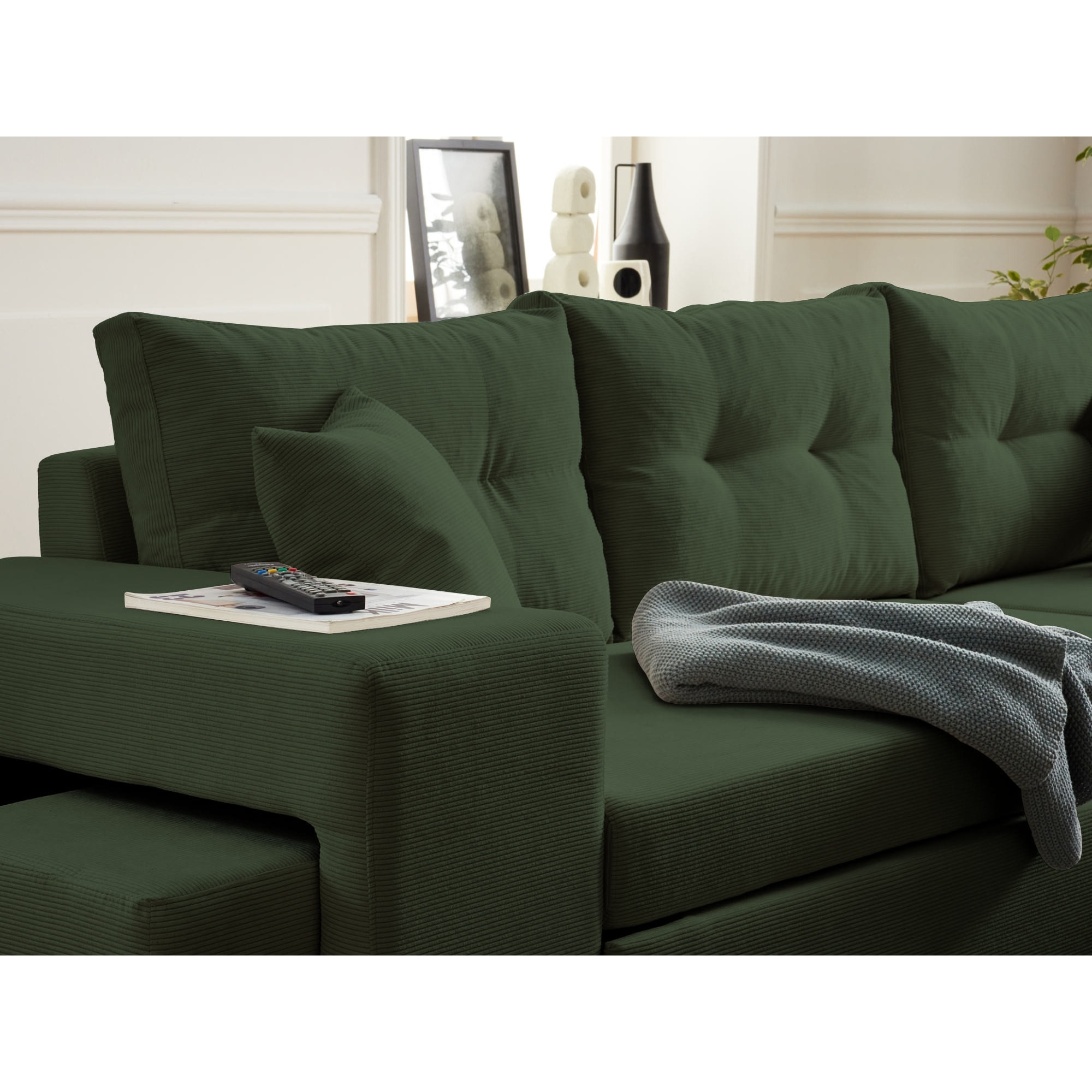 California - canapé d'angle réversible convertible - avec coffre, tablette et poufs - en velours côtelé - 4 places - Vert