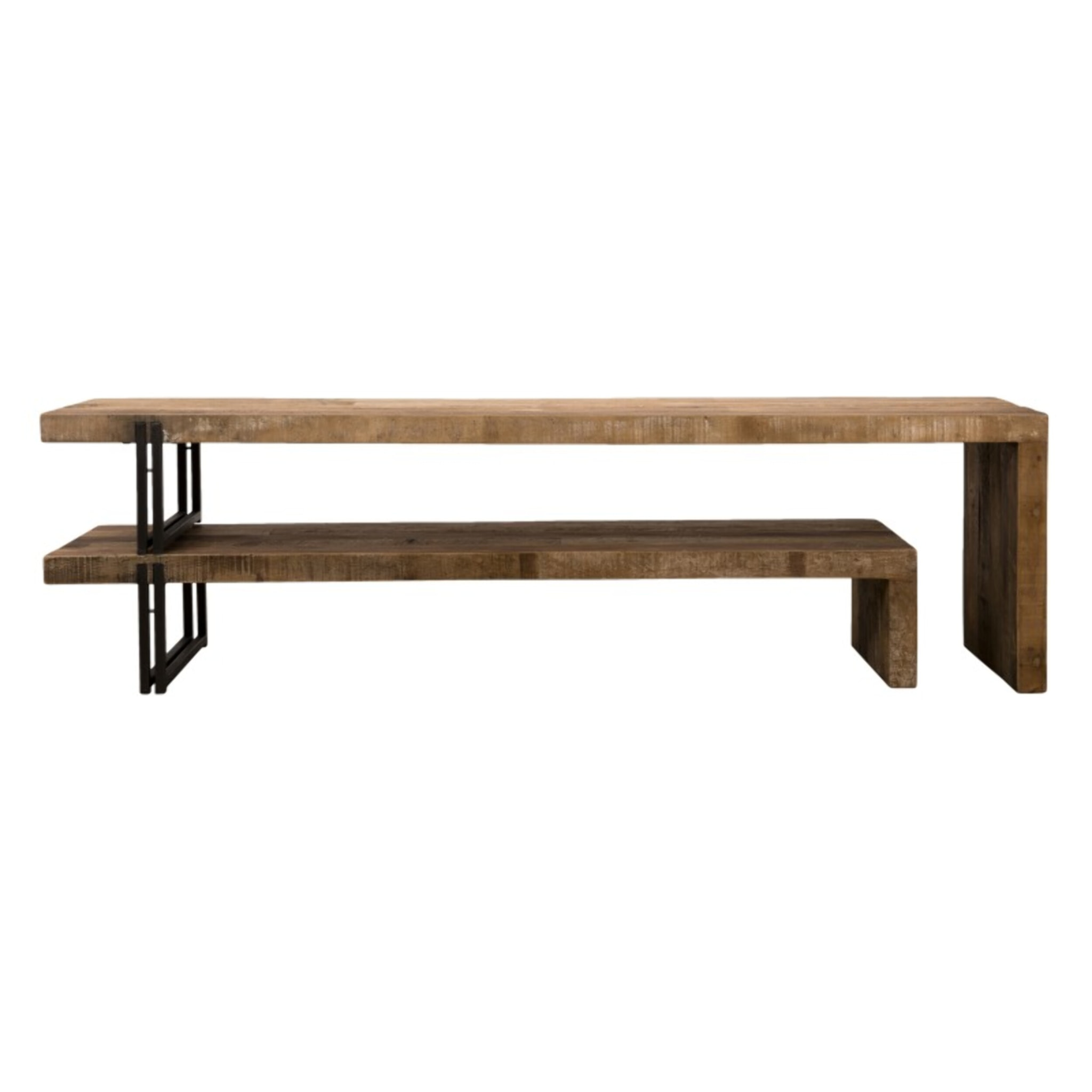 SIXTINE - Meuble TV marron 2 niveaux Teck recyclé Acacia Mahogany recyclé et métal noir
