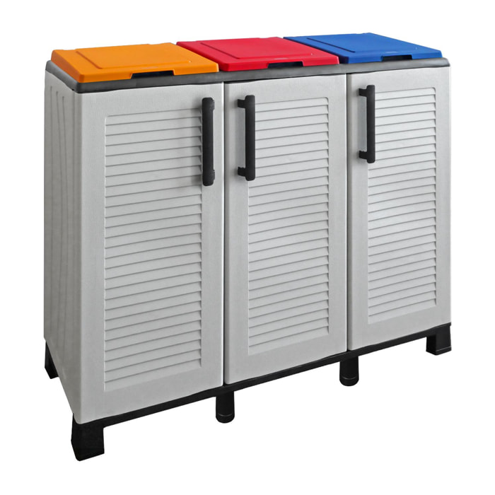 Armadio portarifiuti da esterno o interno, Mobile porta 3 sacchi a 3 ante, 100% Made in Italy, cm 102x37h90, colore Grigio chiaro e coperchi colorati