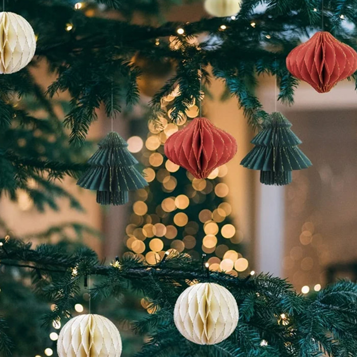 Set de 9 decoraciones para árbol de navidad en papel panal de abeja color blanco, verde y rojo - formas y colores variadas