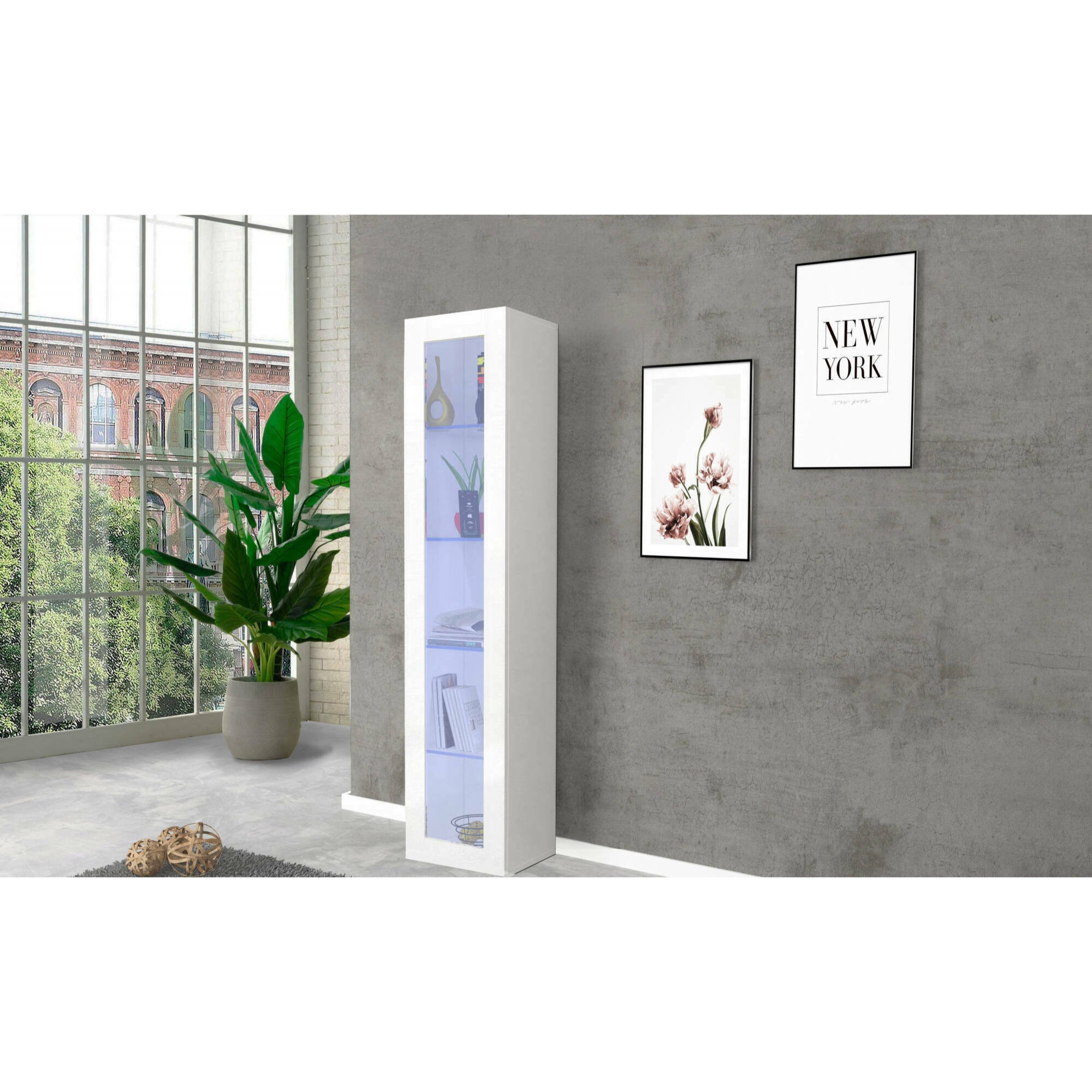 Vetrina a colonna con anta a vetro, Made in Italy, con luce LED blu, Credenza con ripiani, Vetrinetta da soggiorno, cm 40x30h180, colore Bianco lucido