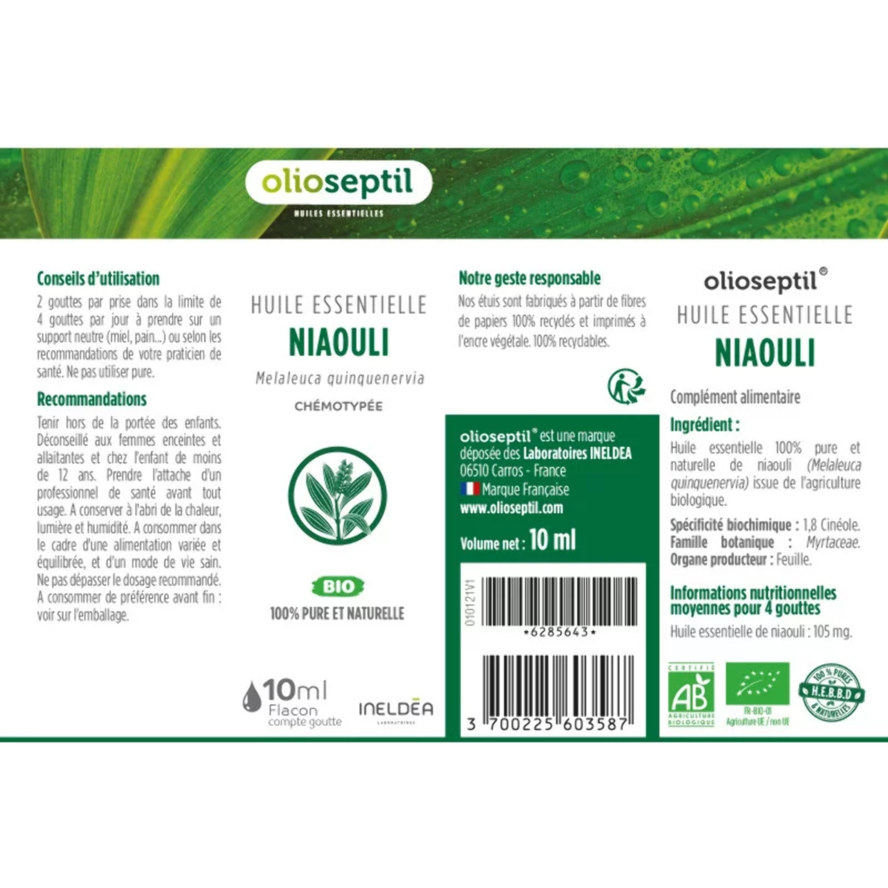 OLIOSEPTIL - Huile essentielle de Niaouli - 100% Pure et naturelle - BIO - HEBBD (biochimiquement et botaniquement définie) - 100% origine naturelle - Flacon 10ml