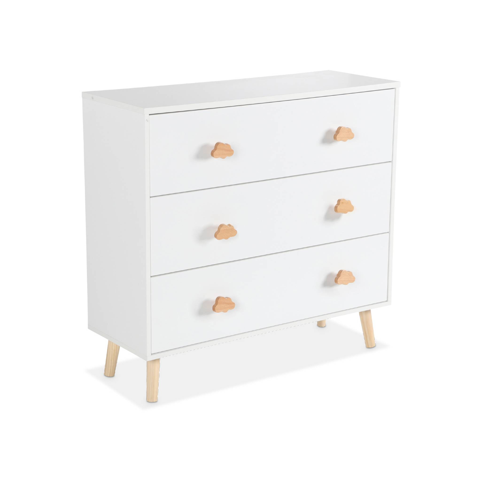 Commode enfant. décor bois. blanc. 3 tiroirs. pieds et poignées nuage en pin