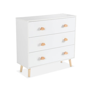Commode enfant. décor bois. blanc. 3 tiroirs. pieds et poignées nuage en pin