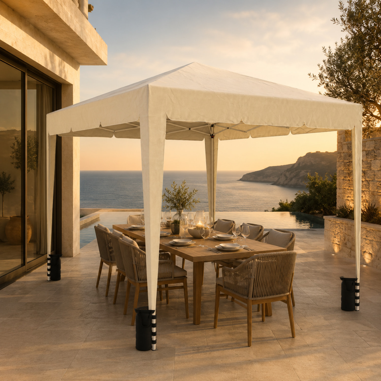Gazebo Pieghevole Impermeabile 3 x 3 M Da Giardino Con 4 Sacche Pesi Sacca Trasporto Chiusura Fisarmonica Struttura Acciaio Copertura 160 gr/m² Beige
