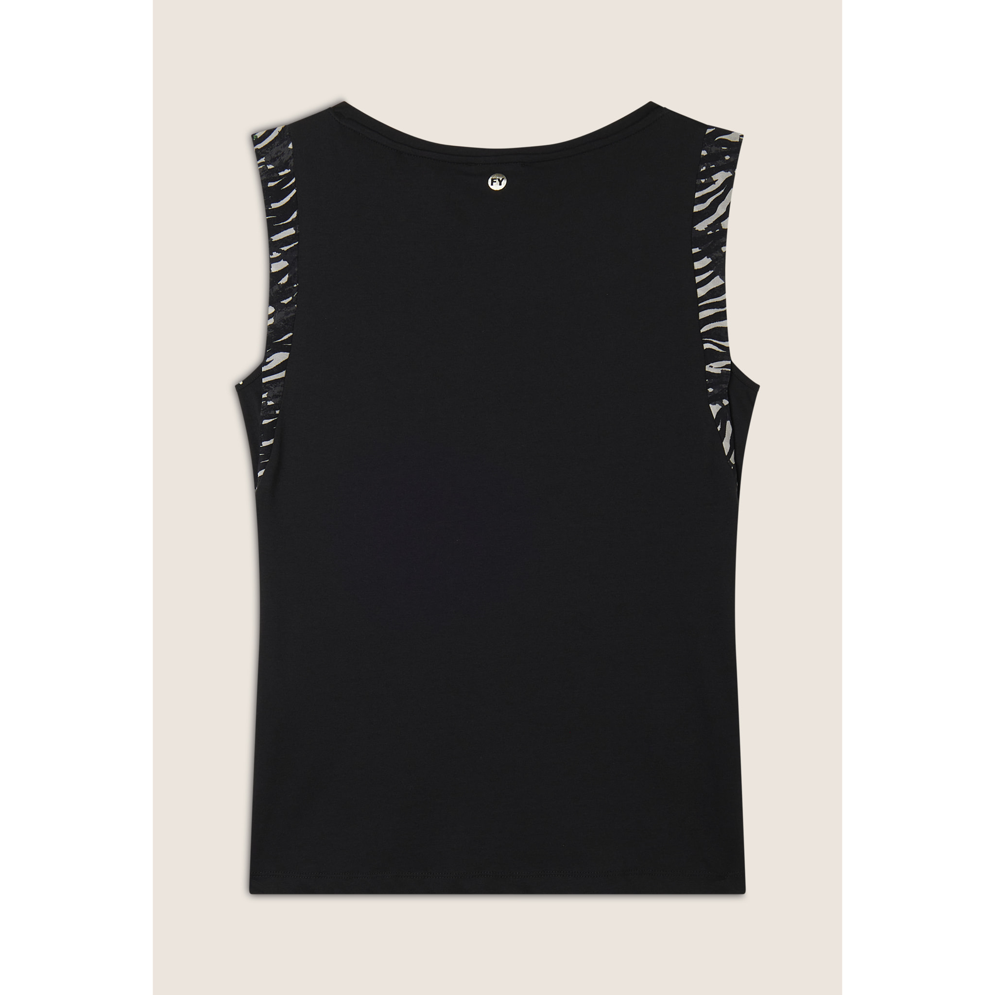 T-shirt senza maniche con dettagli dorati e animalier