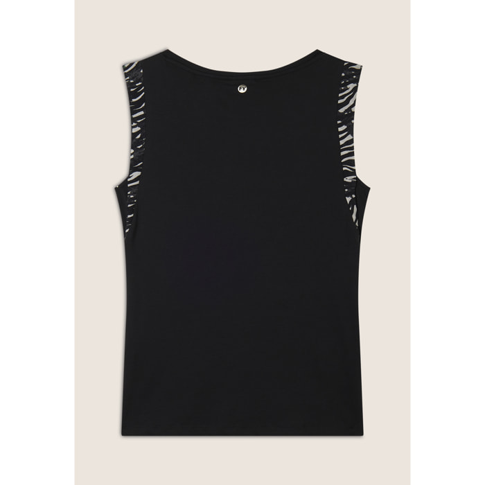 T-shirt senza maniche con dettagli dorati e animalier