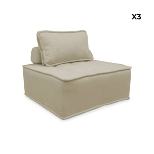 Lot de 3 chauffeuses pour canapé modulables tissu capitonné beige avec 1 coussin