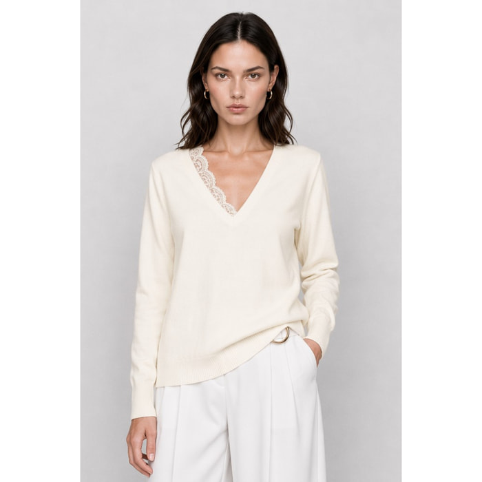 Kocca - Maglia da donna con scollo a V e dettagli in pizzo Donna