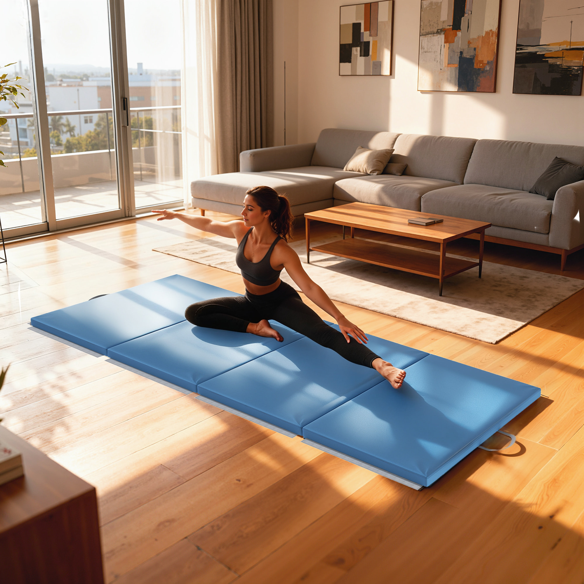 Colchoneta Gimnasia Plegable de Grosor 5 cm, Tapete de Ejercicio, 240x120x5 cm, con Asas de Transporte, Esterilla de Gimnasia para Yoga, MMA, Aeróbic, Artes Marciales, Azul Claro