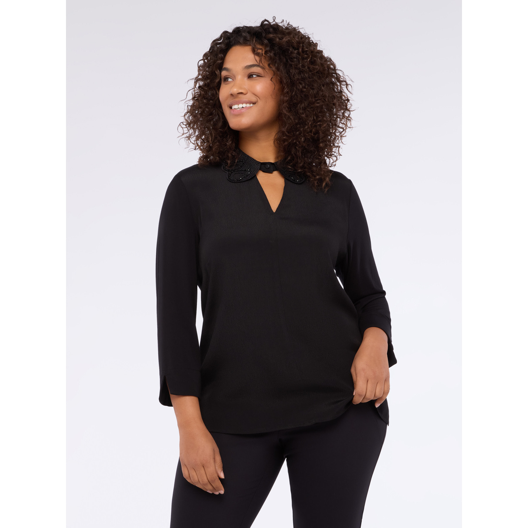 Fiorella Rubino - Camiseta bimatérica con cuello precioso - Negro