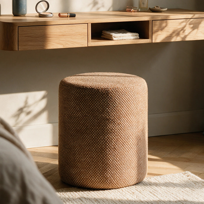 Pouf rond en tissu texturé marron - Lily