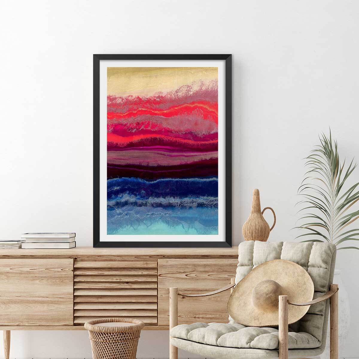 Poster red blue contrast Affiche + cadre en bois - Noir