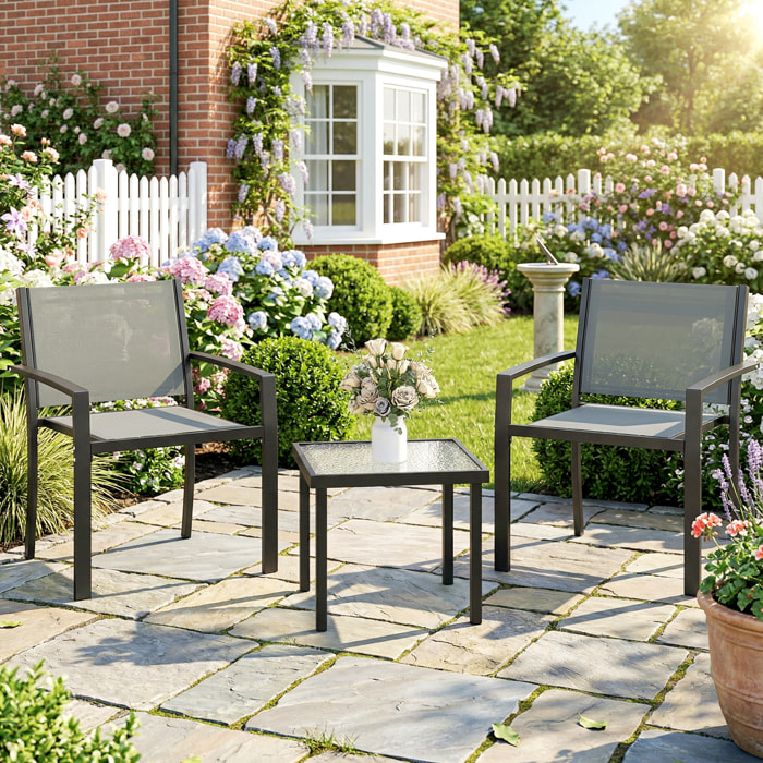Conjunto de Mesa y Sillas de Terraza Exterior 3 Piezas, Muebles de Jardín Exterior con 2 Sillas Anchas de Textilene, Mesa de Vidrio Templado, para Patio, Balcón, Gris Claro