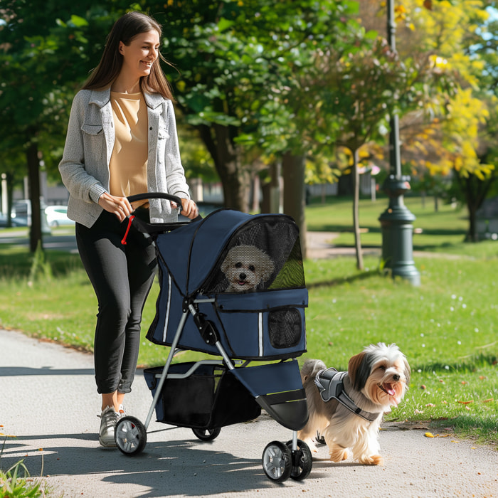 Carrito para Perros Plegable Cochecito para Mascotas Carrito para Perros Pequeños con Cesta de Almacenaje Ventanas de Malla y 2 Ruedas Universales 75x45x97 cm Azul Oscuro