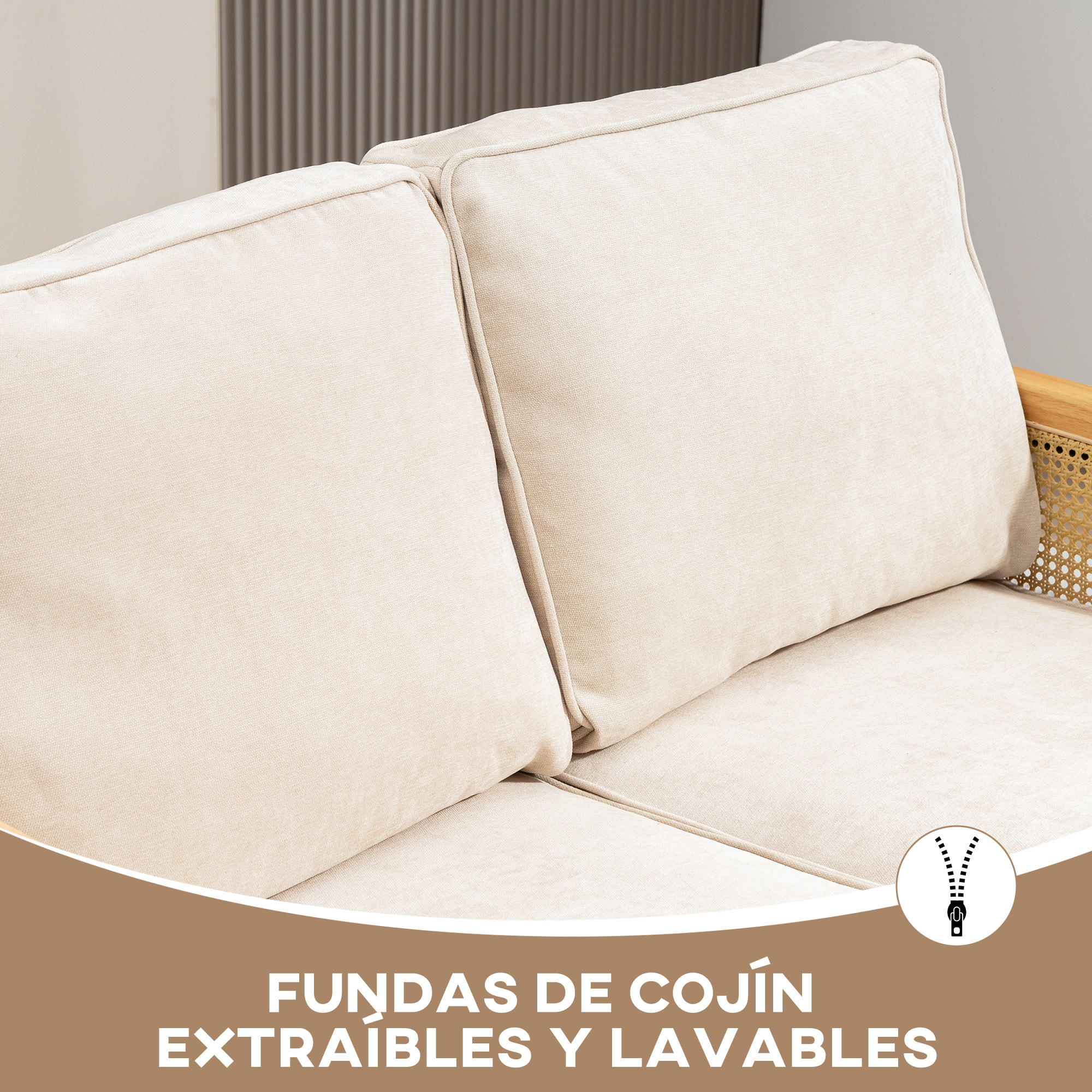 Sofá de 2 Plazas Tapizado en Chenilla Sofá de Salón con 2 Almohadas Lavables y Reposabrazos de Ratán Sintético Sofá Pequeño Carga 240 kg 123x75x88 cm Beige