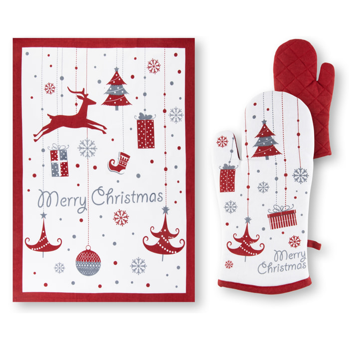 Set torchon avec gant de cuisine Excelsa – Merry Christmas, Coton Blanc