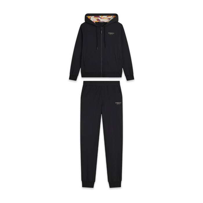 Tuta donna con zip, cappuccio e dettagli zebra multicolor