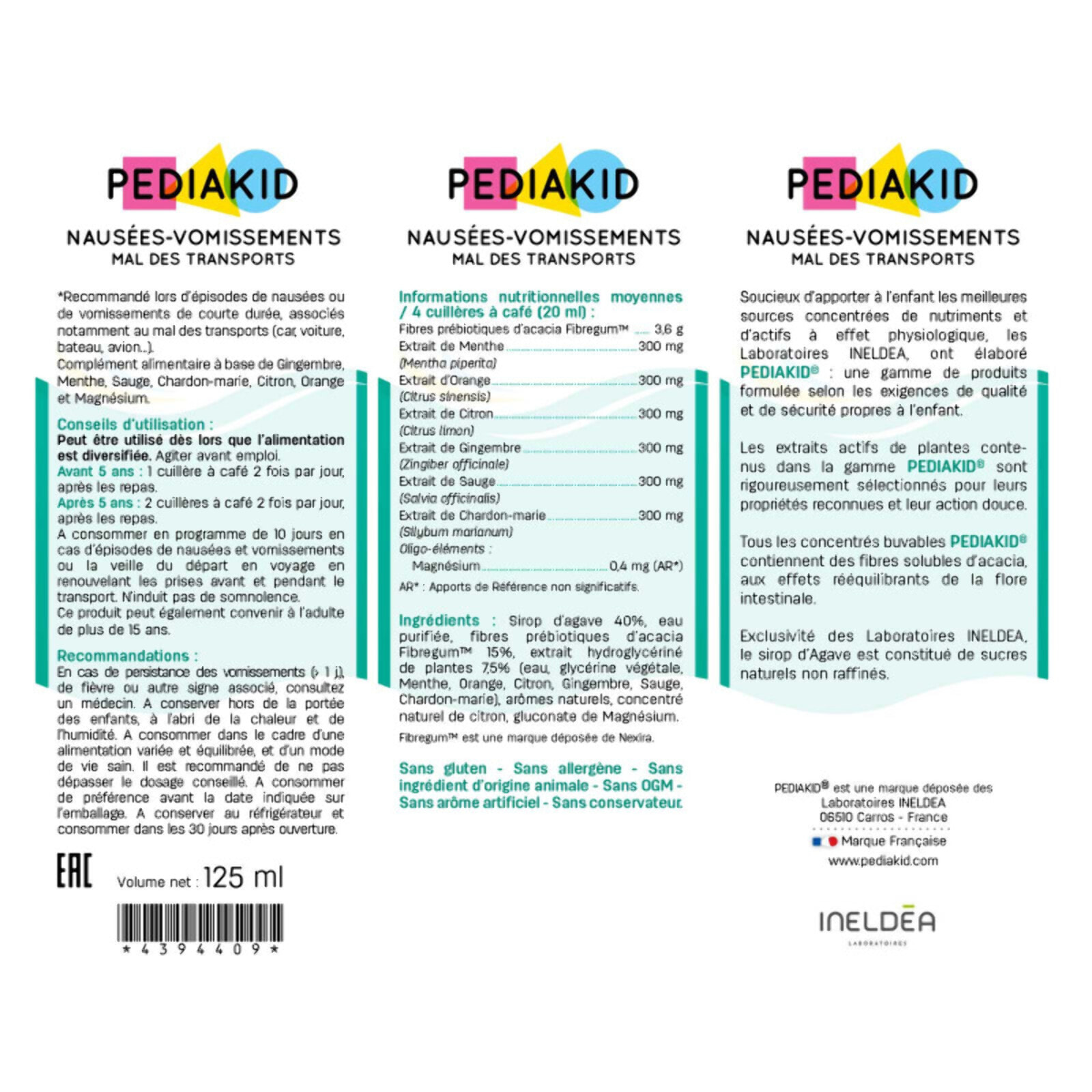 PEDIAKID - Sirop Nausées-vomissements mal des transports - Complément alimentaire à base de plantes - Confort digestif - Contre les nausées & vomissements - Goût citron - Lot de 3 Flacons de 125 ml