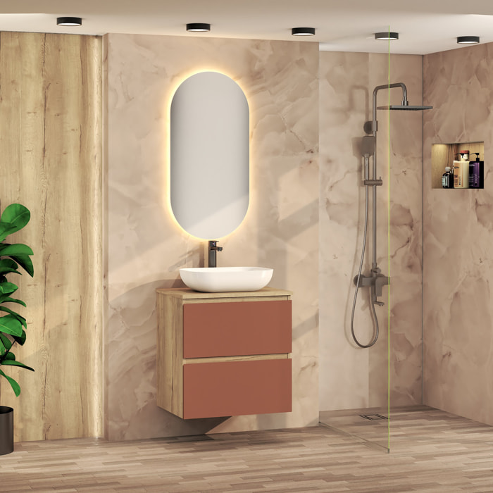 Conjunto de Baño Nia | Mueble Suspendido | 60 cm Scarlato | Dos Cajones | Lavabo Sobrepuesto | No incluye Espejo | Mueble Montado| Alday